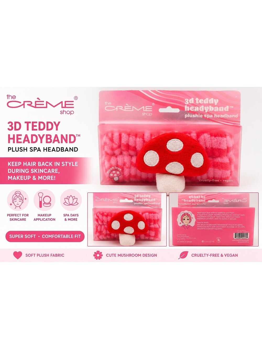 The Crème Shop 3D Teddy Headyband Plush Spa Headband Red Mushroom NWT